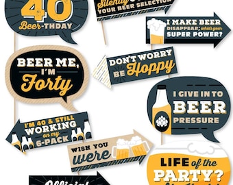 Funny Cheers and Beers to 40 Years - 40th Birthday Party Photo Booth Props Kit - 10 Piece