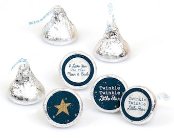 May include: A set of 12 round favor stickers with a navy blue background and gold stars. The stickers have two different designs: one with the text "I Love You - To The - Moon & Back" and the other with the text "Twinkle Twinkle Little Star".