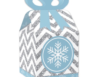 Winter Wonderland - Square Favor Gift Boxes - Snowflake Holiday Party and Winter Wedding Bow Boxes - Set of 12