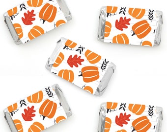 Fall Pumpkin - Mini Candy Bar Wrapper Stickers - Halloween or Thanksgiving Party Small Favors - 40 Count