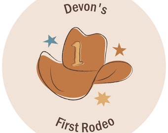 Personalized My First Rodeo - Custom Little Cowboy 1st Birthday Party Favor Circle Sticker Labels - Custom Text - 24 Count