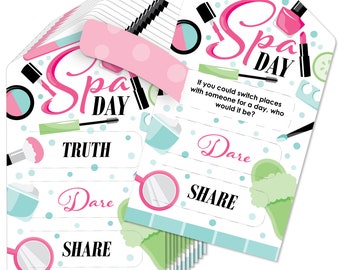 Spa Day - Girls Makeup Party Game Pickle Cards - Truth, Dare, Share Pull Tabs - Set of 12