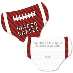 May include: Football-themed diaper raffle ticket with a red and white football design. The text reads "Diaper Raffle" and "Bring a pack of diapers, any size, for a chance to win a prize!" with a blank space for a name.
