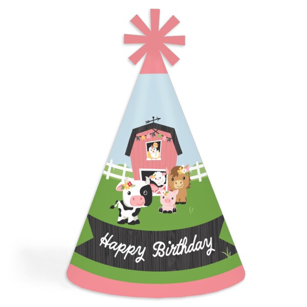 Girl Farm Animals - Cone Happy Birthday Party Hats for Kids and Adults - Set of 8 (Standard Size)