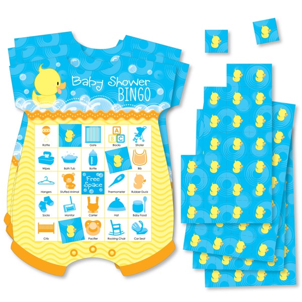 Ducky Duck - Picture Bingo Cards and Markers - Baby Shower Shaped Bingo Game - Set of 18