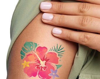 Custom Hawaiian Luau Temporary Tattoos, Personalized Tropical Party Favors, Pink Hibiscus Temporary Tattoos with Your Own Text - 12 Count