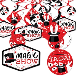May include: Red, black, and white magic show party decorations with a magician's hat, rabbit, playing cards, and the text "Magic Show" and "Ta-Da!"