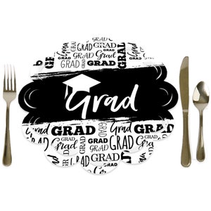 May include: Black and white graduation party plate with the word "grad" in a large white font and a graduation cap graphic. The plate is surrounded by the word "grad" repeated in various sizes and orientations.