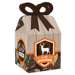 Gone Hunting - Square Favor Gift Boxes - Deer Hunting Camo Baby Shower or Birthday Party Bow Boxes - Set of 12