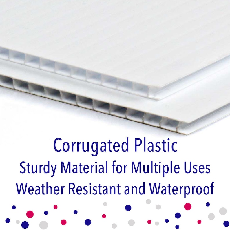 Puede incluir: Primer plano de pl&aacute;stico corrugado, un material resistente para m&uacute;ltiples usos. El texto dice "Corrugated Plastic, Sturdy Material for Multiple Uses, Weather Resistant and Waterproof".