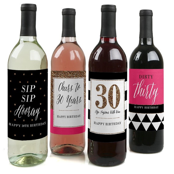 Chic 30th Birthday – Pink, Black, and Gold - Birthday Gift for Women - Wine Bottle Label Stickers - Set of 4 Il_570xn