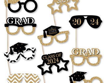 Gold Glasses - Tassel Worth The Hassle - 2024 Paper Card Stock Graduation Party Photo Booth Props Kit - 10 Count