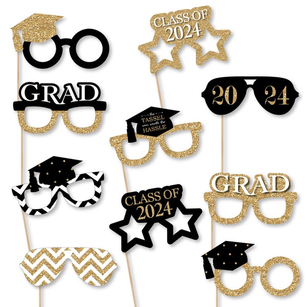 Gold Glasses - Tassel Worth The Hassle - 2024 Paper Card Stock Graduation Party Photo Booth Props Kit - 10 Count