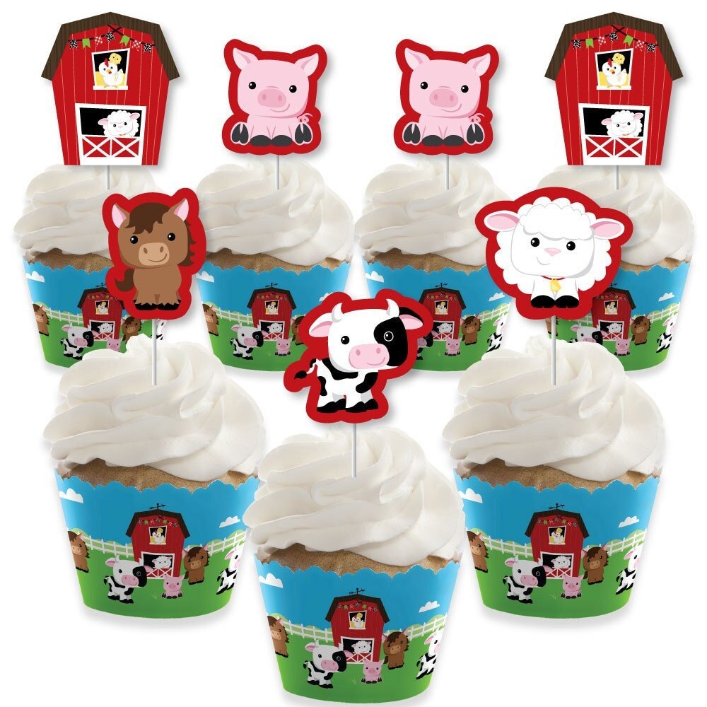 Farm Animals Cupcake Decoration Barnyard Baby Shower or Birthday Party Cupcake Wrappers and Treat Picks Kit Set of 24