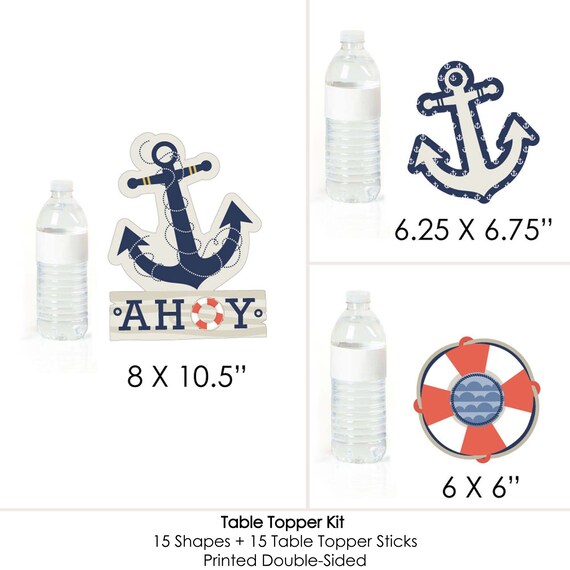 Ahoy Nautical Centerpiece Sticks - Set Of 15 Table Toppers For Baby Shower Or Birthday Party