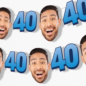 May include: A banner with the number 40 in blue, strung between smiling faces. The faces are of a man with dark hair and a beard, with wide eyes and an open mouth. The background is white.