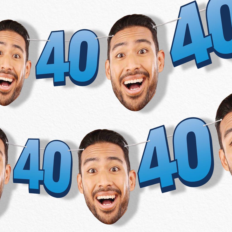 May include: A banner with the number 40 in blue, strung between smiling faces. The faces are of a man with dark hair and a beard, with wide eyes and an open mouth. The background is white.