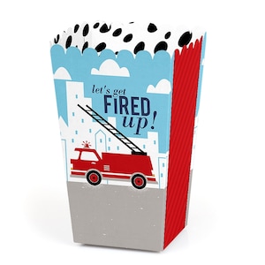 Fired Up Fire Truck - Firefighter Firetruck Baby Shower or Birthday Party Favor Popcorn Treat Boxes - Set of 12