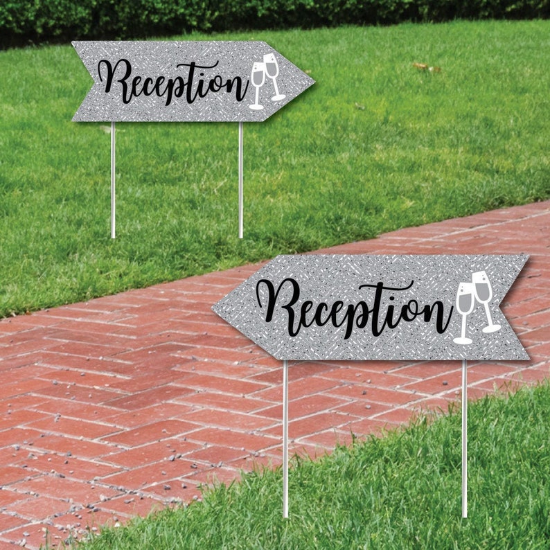 Set of 2 Reception Signs Double Sided Directional Yard Signs Wedding Sign Arrow Silver Wedding Reception Signs