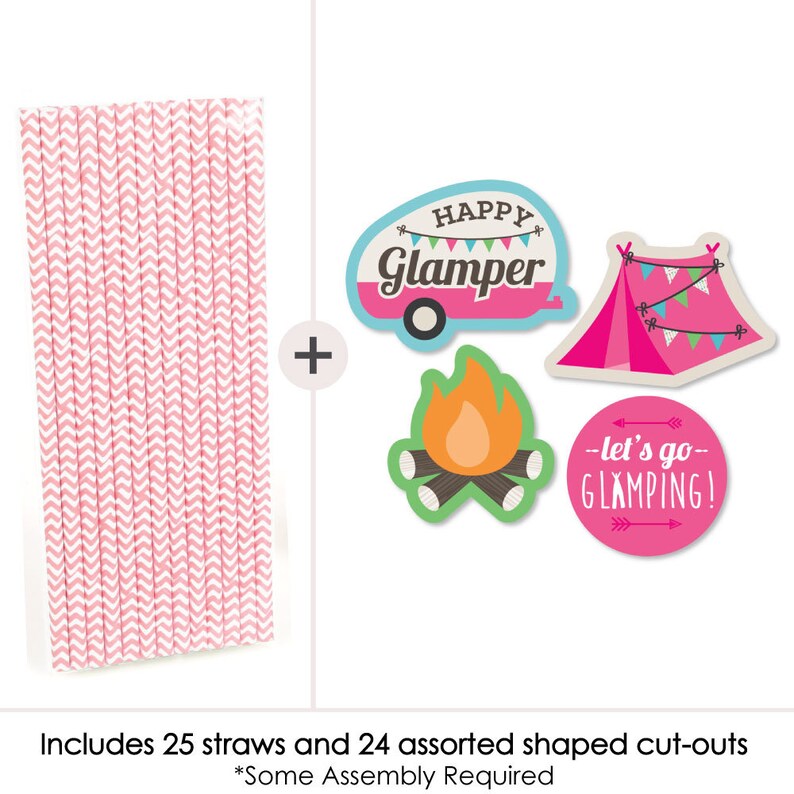 Let's Go Glamping Die-Cut Straw Decorations Camp Glamp Party Paper Cut-Outs & Striped Paper Straws Birthday Party Decor 24 ct. image 2