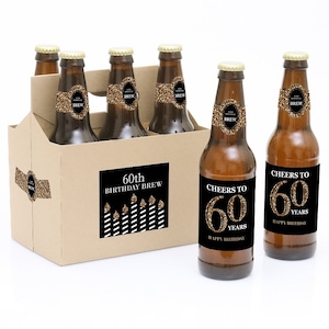 Adult 60th Birthday Gold Decorations for Women and Men 6 Beer Bottle Labels & 1 Carrier Birthday Gifts for Women and Men image 1