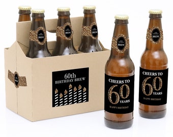Adult 60th Birthday - Gold - Decorations for Women and Men - 6 Beer Bottle Labels & 1 Carrier - Birthday Gifts for Women and Men