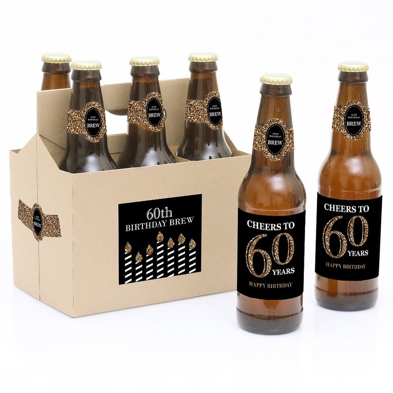 Adult 60th Birthday Gold Decorations for Women and Men 6 Beer Bottle Labels & 1 Carrier Birthday Gifts for Women and Men image 1