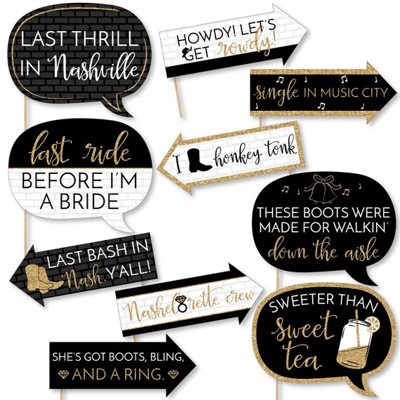 Nash Bash - Funny Nashville Bachelorette Party Photo Booth Props - Black and Gold Nashville Party Photo Booth Prop Kit - 10 Props & Dowels Il_570xn