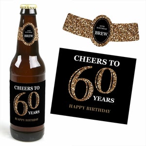 Adult 60th Birthday Gold Decorations for Women and Men 6 Beer Bottle Labels & 1 Carrier Birthday Gifts for Women and Men image 3