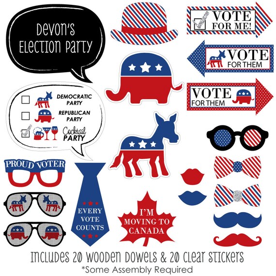 Election - Political Party - Photo Booth Props - Election Party Kit with Mustache, Hat, Bow Tie, Glasses and Custom Talk Bubble - 20 Pc. Il_570xn