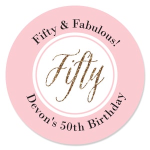Custom Chic 50th Birthday - Pink and Gold - Personalized Birthday Party Favor Circle Sticker Labels - Set of 24