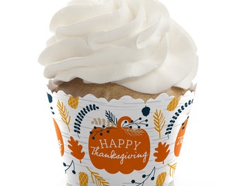 Happy Thanksgiving - Fall Harvest Party Decorations - Party Cupcake Wrappers - Set of 12