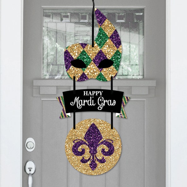 Mardi Gras - Hanging Porch Masquerade Party Outdoor Decorations - Front Door Decor - 3 Piece Sign