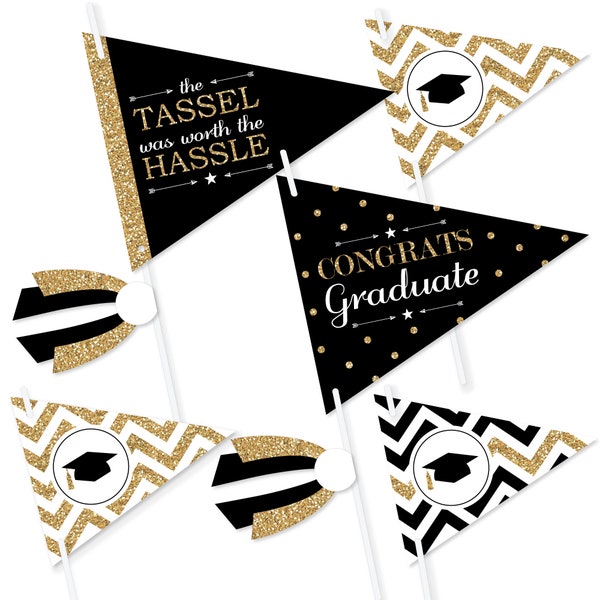 Tassel Worth The Hassle - Gold - Triangle Graduation Party Photo Props - Pennant Flag Centerpieces - Set of 20