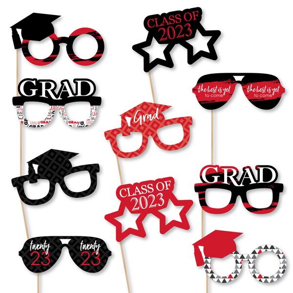 Red Grad Glasses - Best is Yet to Come - Red 2023 Paper Card Stock Graduation Party Photo Booth Props Kit - 10 Count