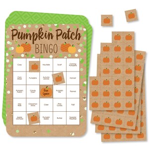 May include: A brown and green pumpkin patch bingo game with a free space in the center. The game includes 25 squares with different fall-themed words and images. The game also includes 36 small pumpkin-shaped markers.