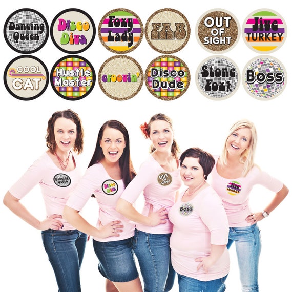 70's Disco Party Name Badges - Set of 12 1970s Disco Fever Funny Name Tags - Seventies Party Badge Stickers - Dance Party - 70s -12 Ct. Il_570xn