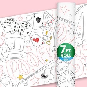 May include: White roll of wallpaper with a repeating pattern of playing cards, dice, stars, and magic-themed illustrations. The text "POOF!" is visible. A green sticker reads "7 FT. ROLL MADE IN THE USA".