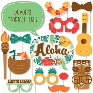 Tropical Luau - Personalized Hawaiian Beach Party Photo Booth Props Kit - 20 Count