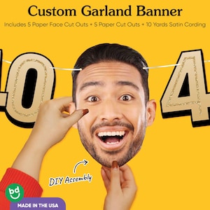 May include: A custom garland banner with the text "04" in gold glitter. The banner includes paper face cutouts, paper cutouts, and 10 yards of satin cording. The words "DIY Assembly" and "MADE IN THE USA" are also visible.