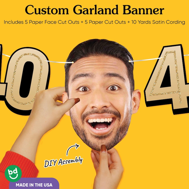 May include: A custom garland banner with the text "04" in gold glitter. The banner includes paper face cutouts, paper cutouts, and 10 yards of satin cording. The words "DIY Assembly" and "MADE IN THE USA" are also visible.