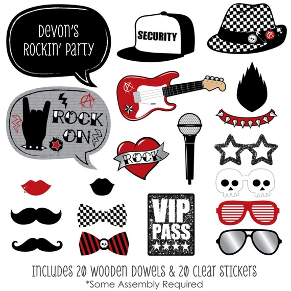 Rock n Roll - Photo Booth Props - Party Like A Rockstar Prop Kit with Mustache, Hat, Bow Tie, Glasses and Custom Talk Bubble - 20 pc. Il_570xn