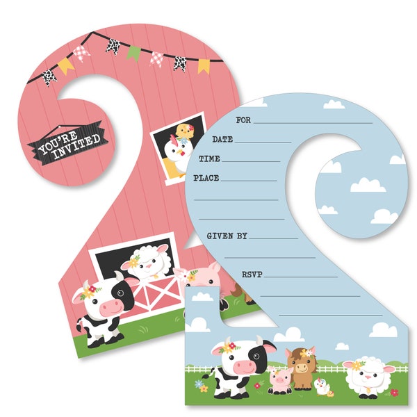 2nd Birthday Girl Farm Animals - Shaped Fill-In Invitations - Pink Barnyard Second Birthday Party Invitation Cards with Envelopes -Set of 12