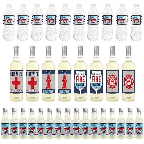 Fired Up Fire Truck Mini Wine Bottle Labels, Wine Bottle Labels and Water Bottle Labels