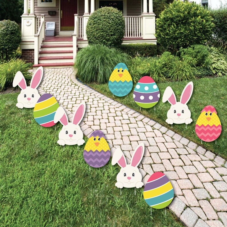 Easter Bunny & Egg Yard Decorations Outdoor Easter Lawn Decorations Hippity Hoppity Easter Bunny Lawn Ornaments 10 Piece Set image 1