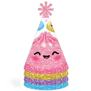 May include: A conical party hat featuring a glittery pink base with a smiling face, rosy cheeks, and closed eyes. The top is adorned with a pink glitter star. Below the pink section are horizontal bands of gold, purple, and blue glitter.
