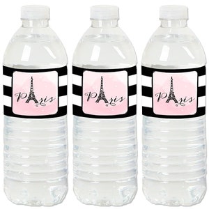 Paris Themed - Water Bottle Sticker Labels - Waterproof Self Stick Labels - Baby, Bridal & Birthday Party Favors - 20 Ct.