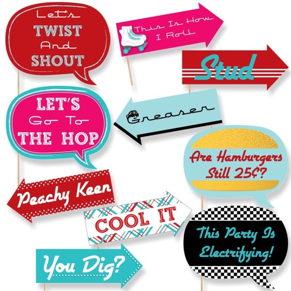 Funny 50's Sock Hop Party Photo Booth Props - Shake, Rattle and Roll Party Photo Booth Prop Kit - Fifties Party Selfie Photo Props - 10 pc.