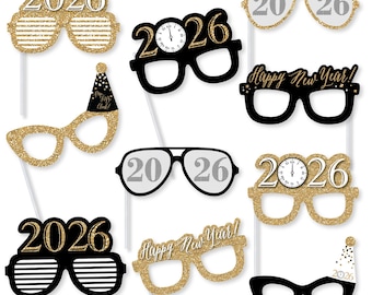 New Year's Eve - Gold Glasses - Paper Card Stock 2026 New Year’s Eve Party Photo Booth Props Kit - 10 Count