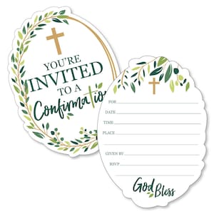 May include: Green and gold confirmation invitation with a cross and a wreath of leaves. The text reads "You're Invited to a Confirmation".